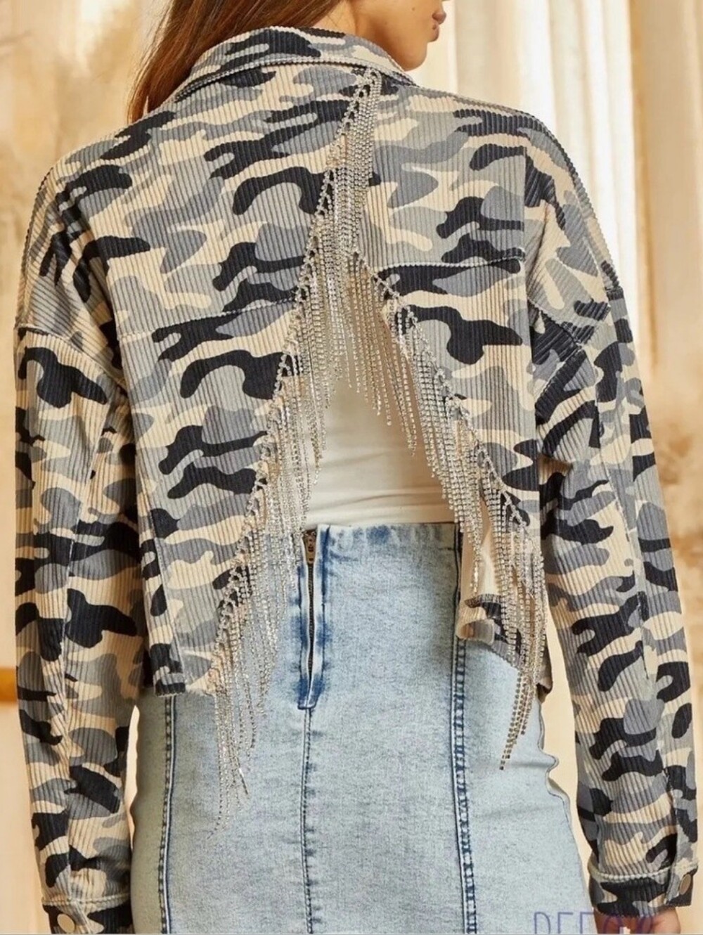 Savanna Jane gray camo corduroy jacket rhinestone fringe split back womens small